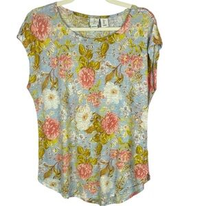 Joie 100% Linen Pink White and Blue Cap Sleeve Floral T-Shirt Size Large
